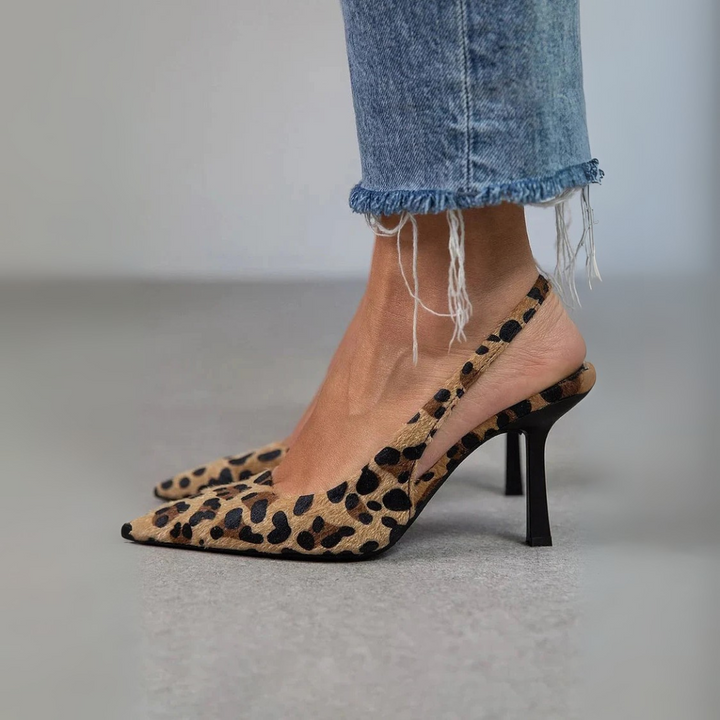 Seda - Kožené lodičky s leopardím vzorem a khaki stiletto podpatky