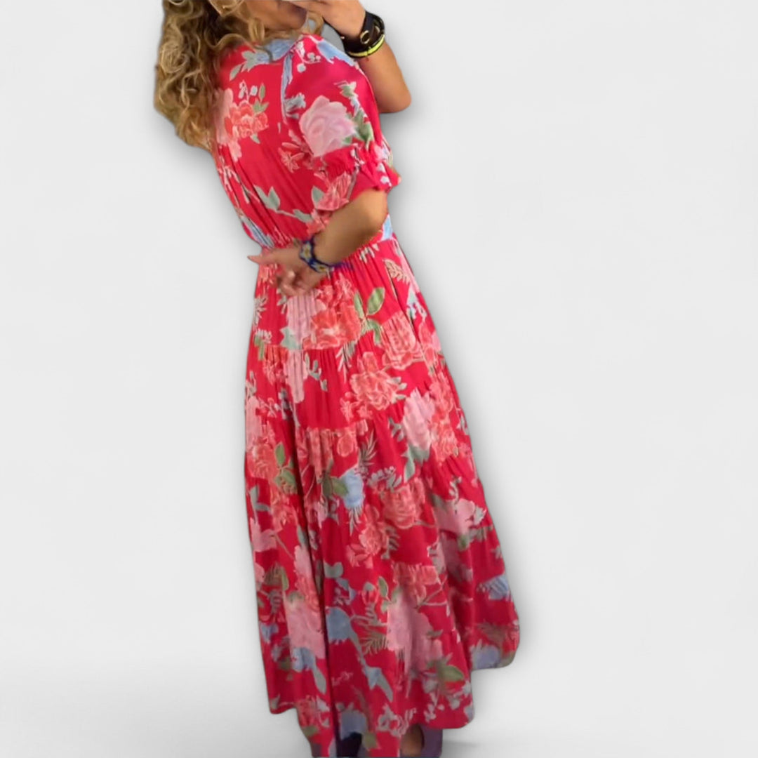 Catrisa - Kvetinový vzor V-krk šaty s kapsami